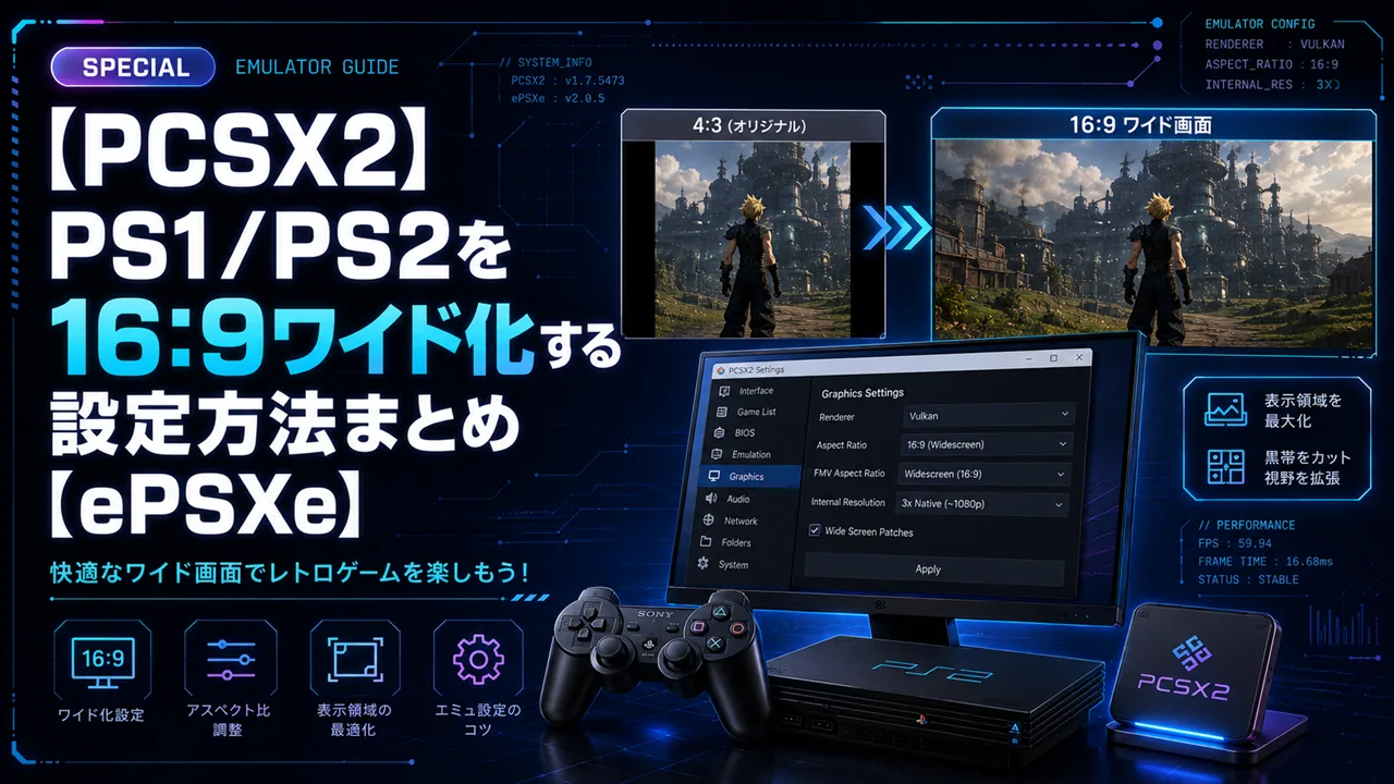 【PCSX2】PS1/PS2を16:9ワイド化する設定方法まとめ【ePSXe】