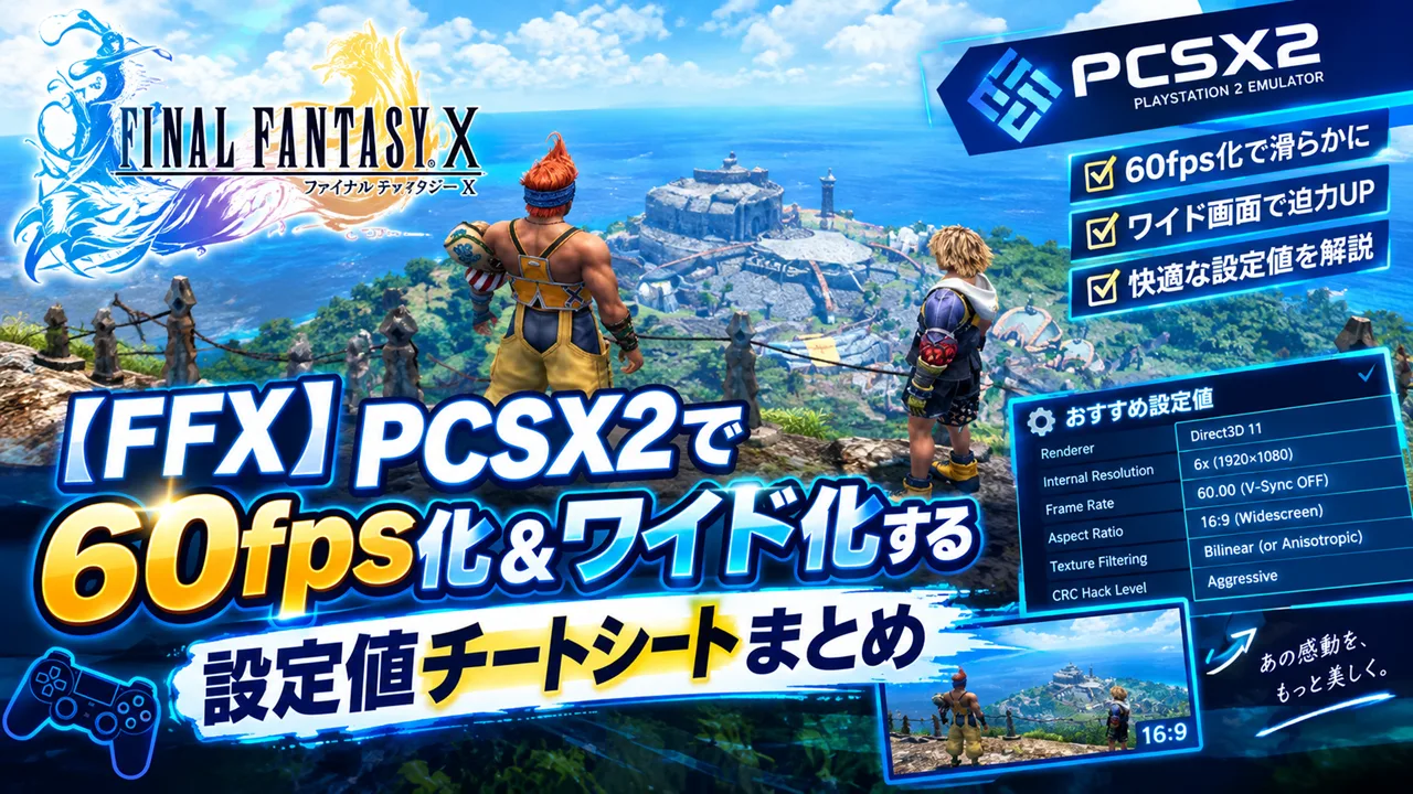 【FFX】PCSX2で60fps化＆ワイド化する設定値チートシートまとめ
